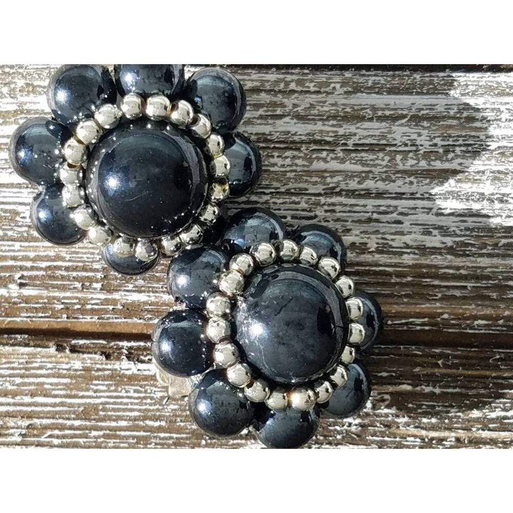 Clip On Earrings, Black and Silver Vintage